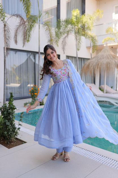 Lovely Purple Color Mal Chanderi Embroidered Work Gown