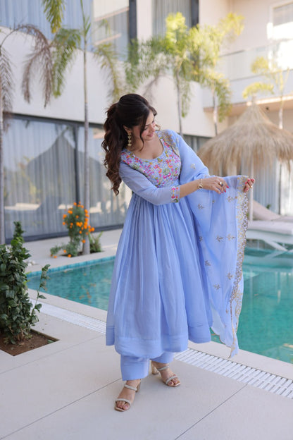 Lovely Purple Color Mal Chanderi Embroidered Work Gown