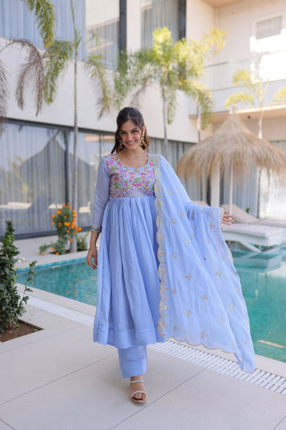 Lovely Purple Color Mal Chanderi Embroidered Work Gown