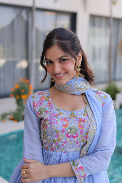 Lovely Purple Color Mal Chanderi Embroidered Work Gown