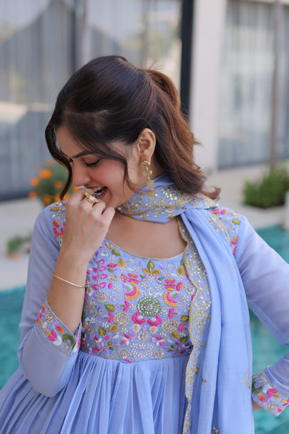 Lovely Purple Color Mal Chanderi Embroidered Work Gown