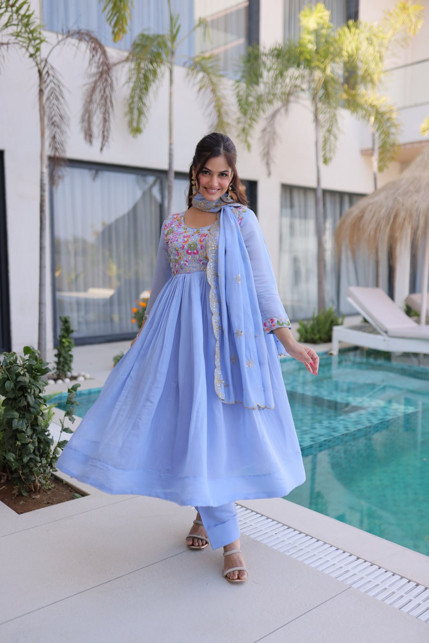 Lovely Purple Color Mal Chanderi Embroidered Work Gown