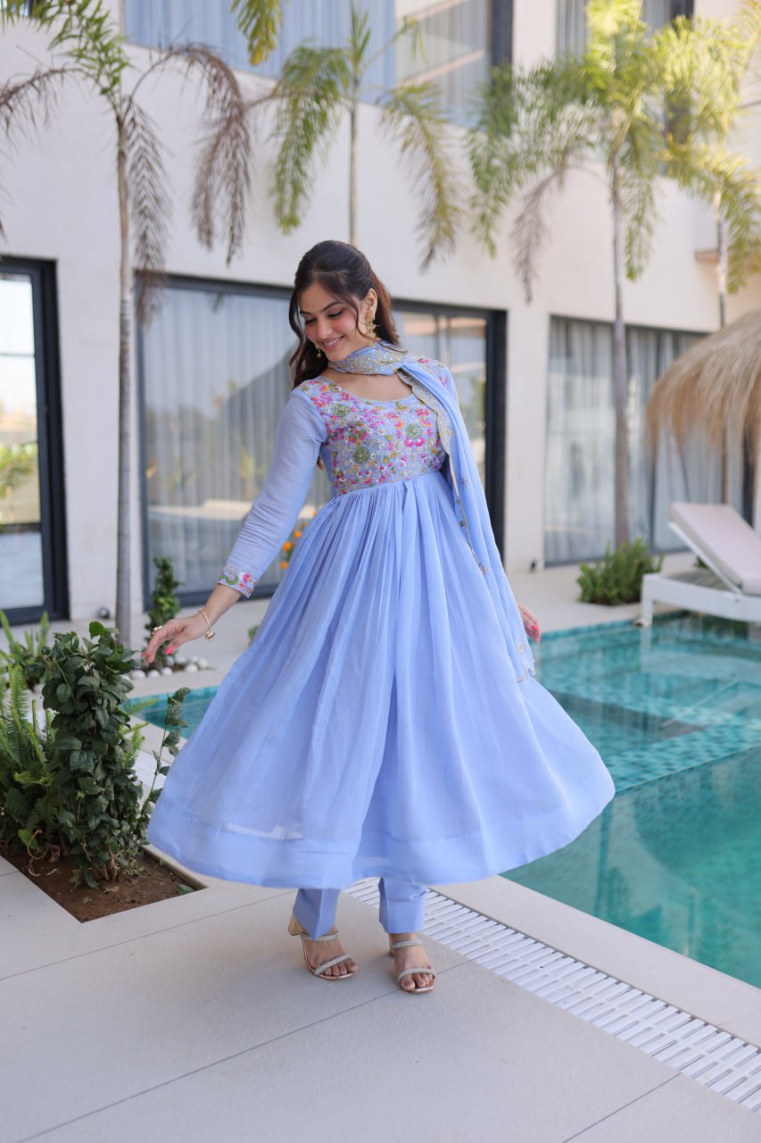 Lovely Purple Color Mal Chanderi Embroidered Work Gown