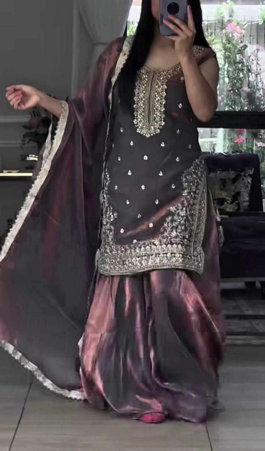 Preferable Grey Color Sequence Embroidered Sharara Suit