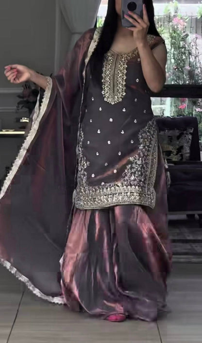 Preferable Grey Color Sequence Embroidered Sharara Suit