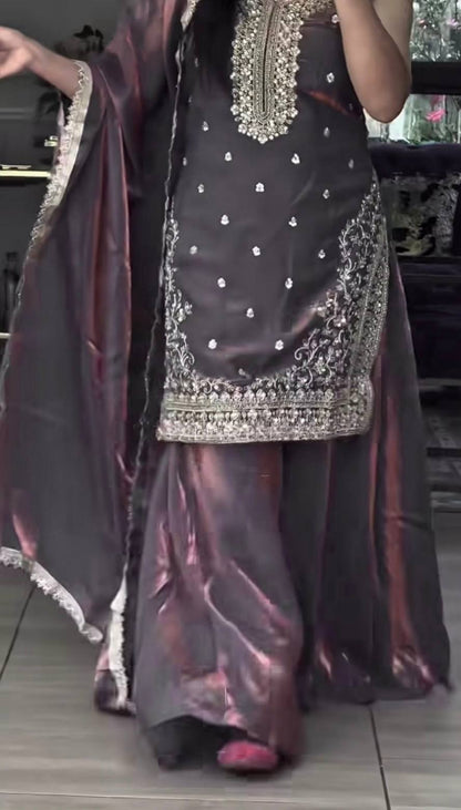 Preferable Grey Color Sequence Embroidered Sharara Suit