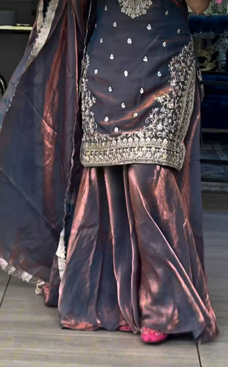 Preferable Grey Color Sequence Embroidered Sharara Suit