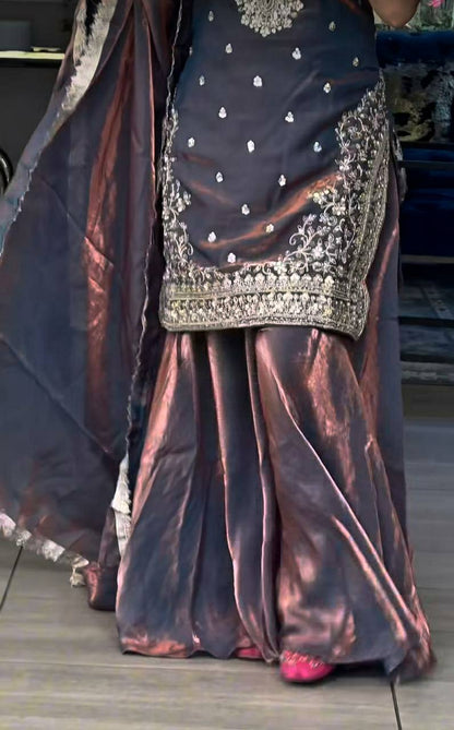 Preferable Grey Color Sequence Embroidered Sharara Suit