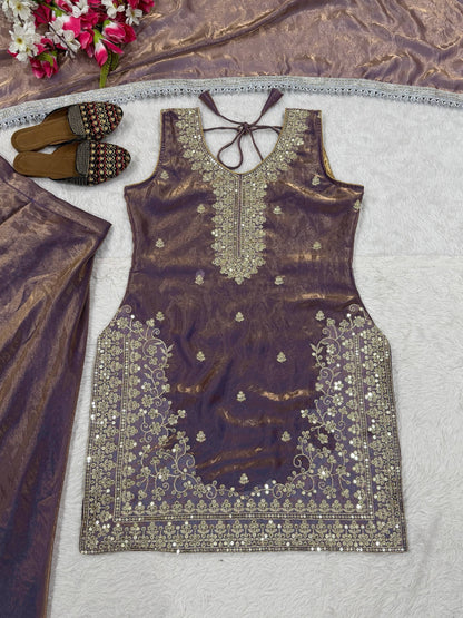 Preferable Grey Color Sequence Embroidered Sharara Suit