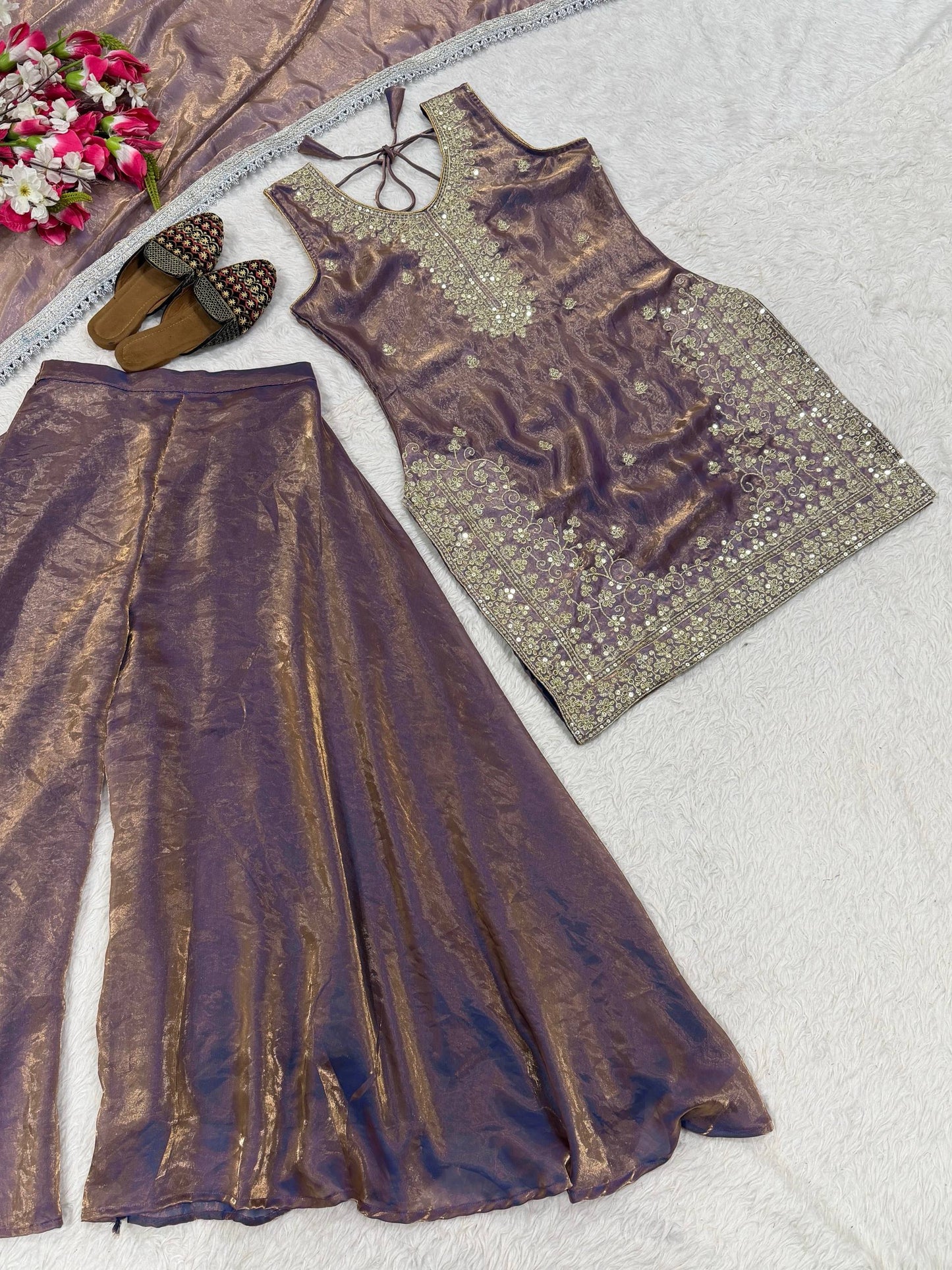 Preferable Grey Color Sequence Embroidered Sharara Suit