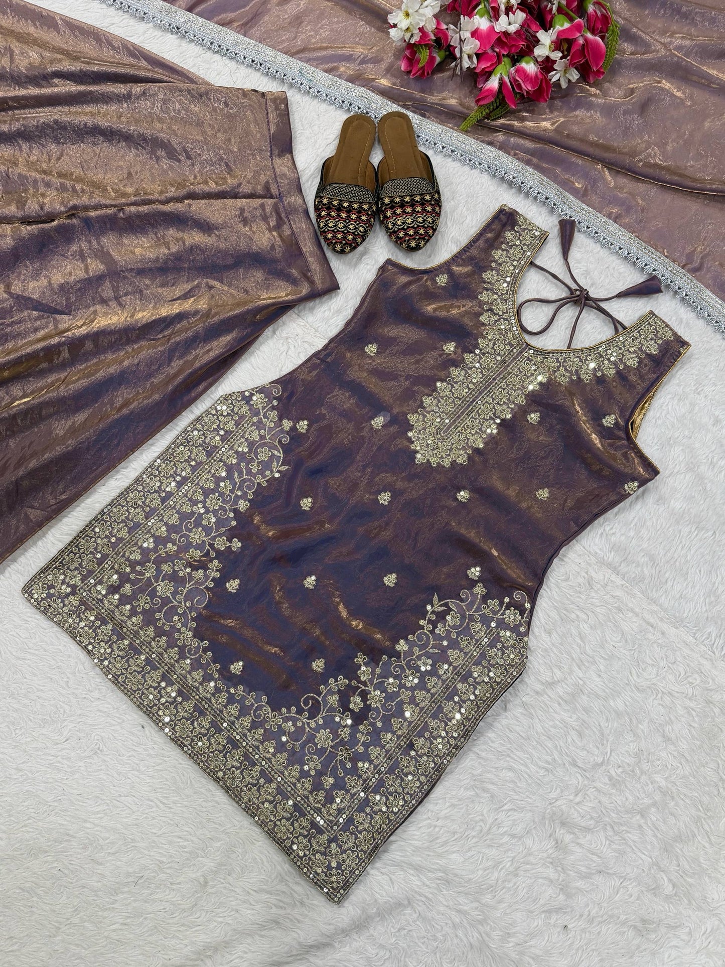 Preferable Grey Color Sequence Embroidered Sharara Suit