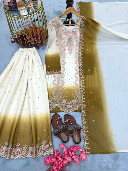 Eye Catching Mehndi Color Embroidered Thread Work Palazzo Suit