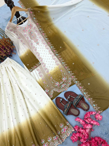 Eye Catching Mehndi Color Embroidered Thread Work Palazzo Suit