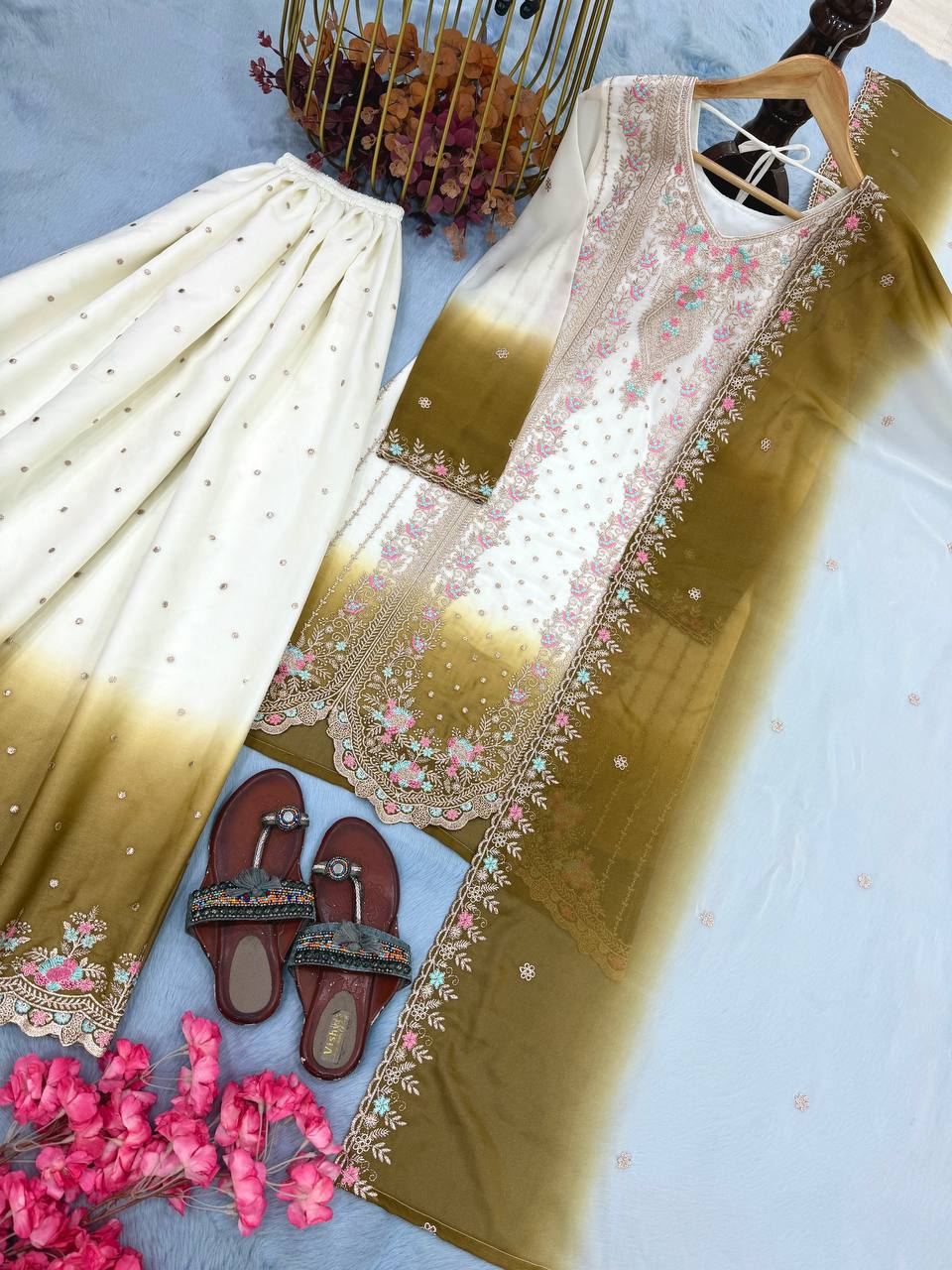 Eye Catching Mehndi Color Embroidered Thread Work Palazzo Suit