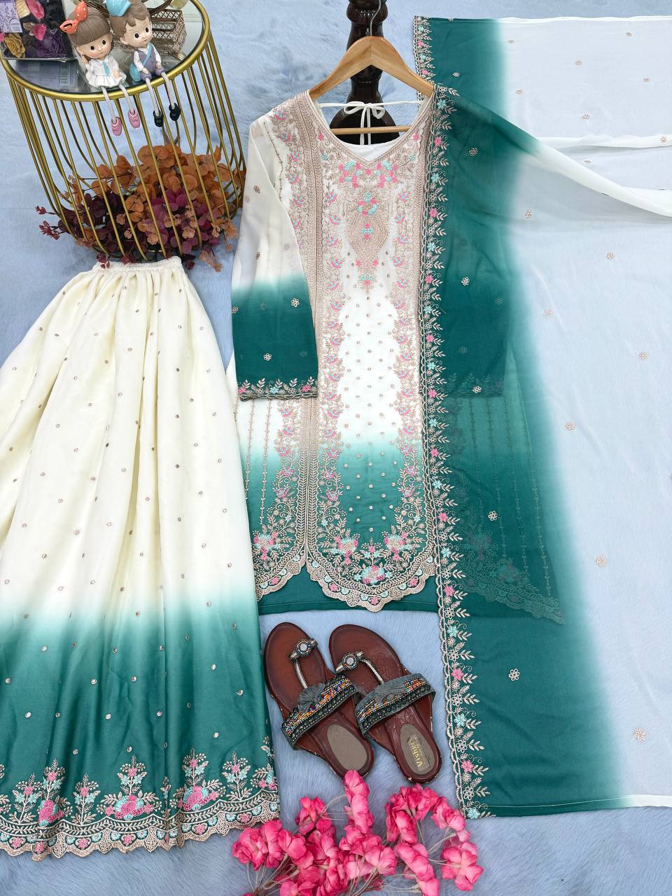 Presenting Sky Blue Color Embroidered Thread Work Palazzo Suit