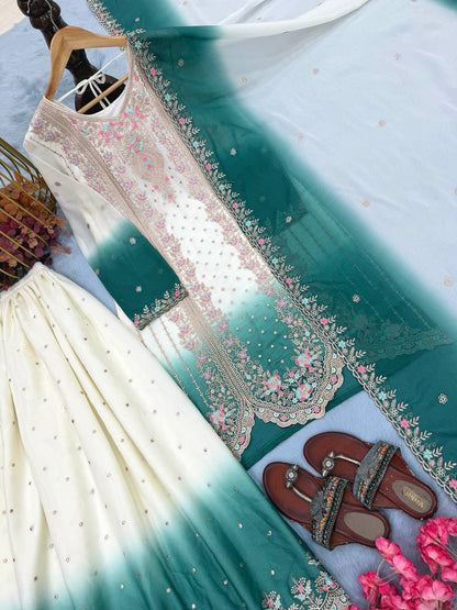 Presenting Sky Blue Color Embroidered Thread Work Palazzo Suit