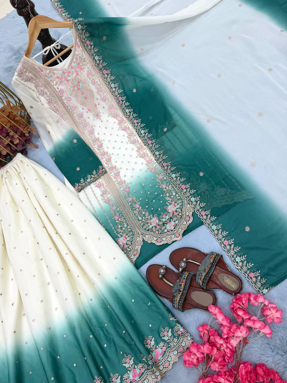 Presenting Sky Blue Color Embroidered Thread Work Palazzo Suit