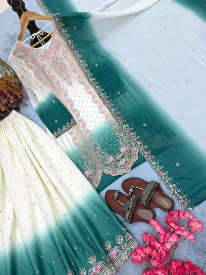 Presenting Sky Blue Color Embroidered Thread Work Palazzo Suit