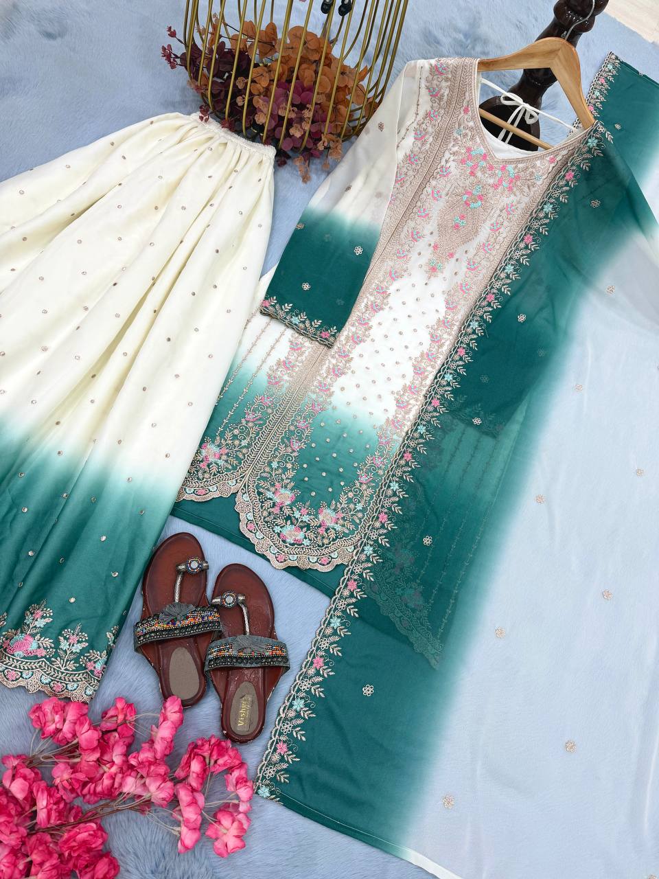 Presenting Sky Blue Color Embroidered Thread Work Palazzo Suit