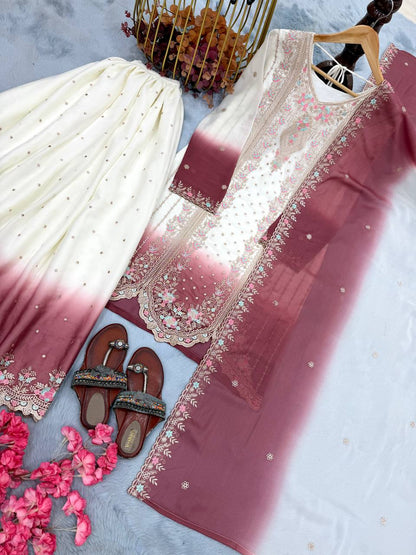 Peaceful Pink Color Embroidered Thread Work Palazzo Suit With Dupatta