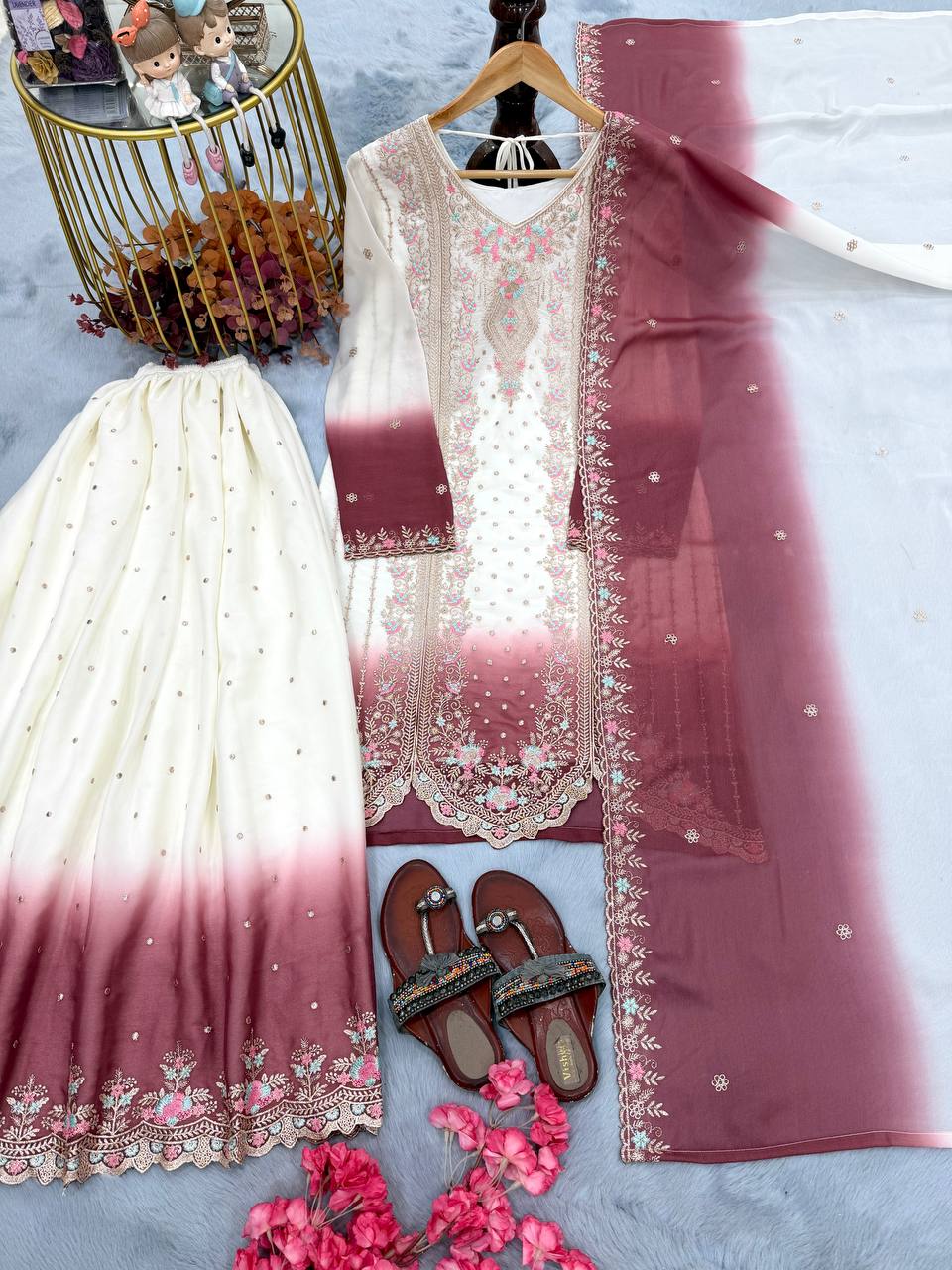 Peaceful Pink Color Embroidered Thread Work Palazzo Suit With Dupatta