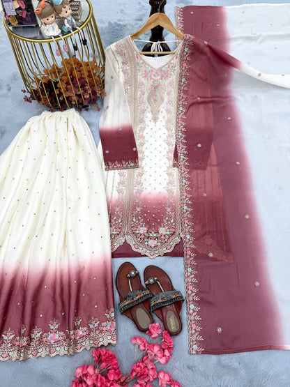 Peaceful Pink Color Embroidered Thread Work Palazzo Suit With Dupatta