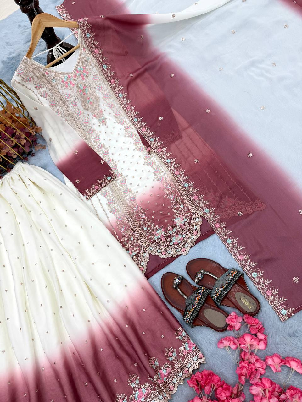 Peaceful Pink Color Embroidered Thread Work Palazzo Suit With Dupatta