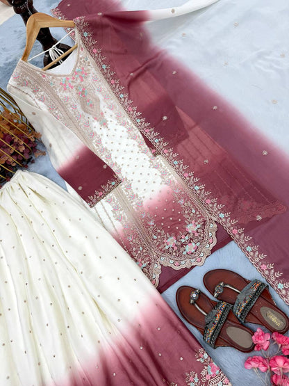 Peaceful Pink Color Embroidered Thread Work Palazzo Suit With Dupatta
