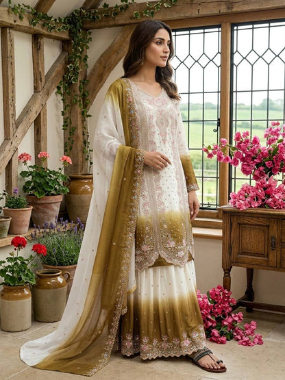 Eye Catching Mehndi Color Embroidered Thread Work Palazzo Suit