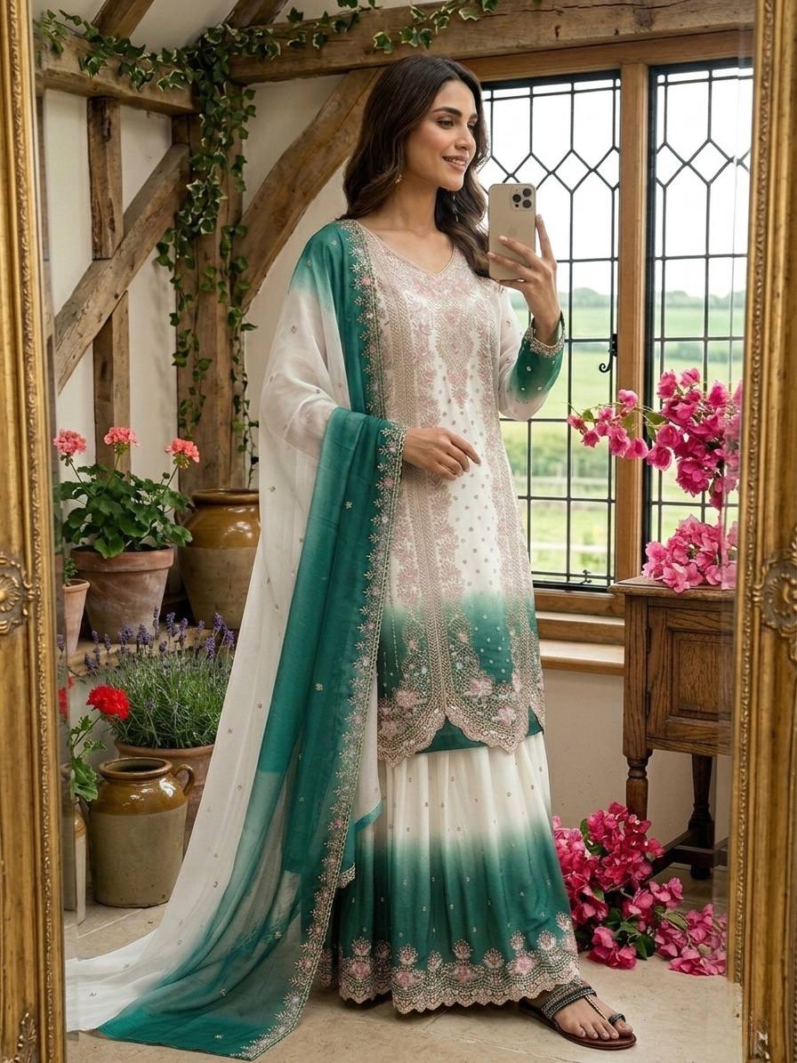 Presenting Sky Blue Color Embroidered Thread Work Palazzo Suit