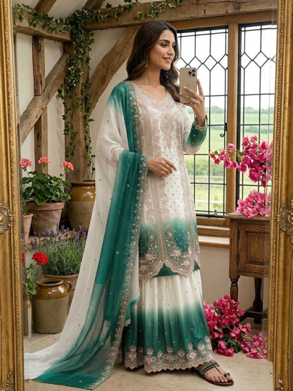 Presenting Sky Blue Color Embroidered Thread Work Palazzo Suit