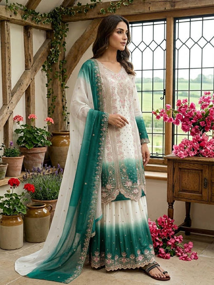 Presenting Sky Blue Color Embroidered Thread Work Palazzo Suit
