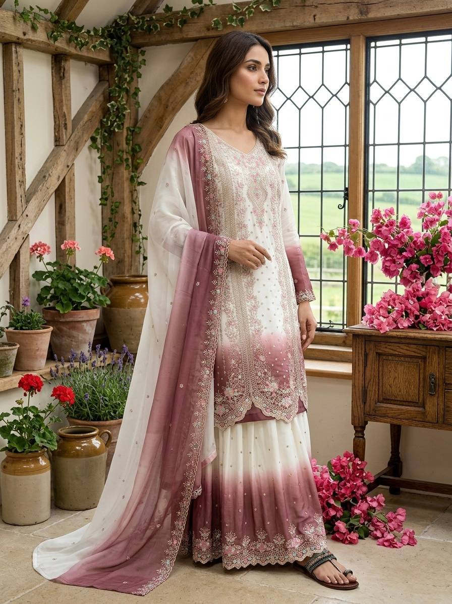 Peaceful Pink Color Embroidered Thread Work Palazzo Suit With Dupatta
