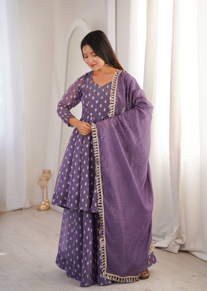 Elegant Purple Color Heavy Crunchy Silk Jacquard Butti Work Sharara Suit