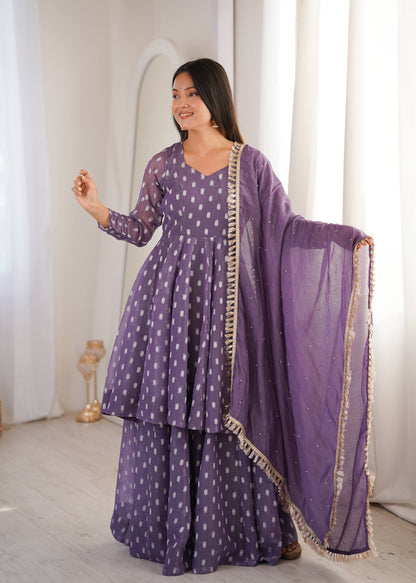 Elegant Purple Color Heavy Crunchy Silk Jacquard Butti Work Sharara Suit