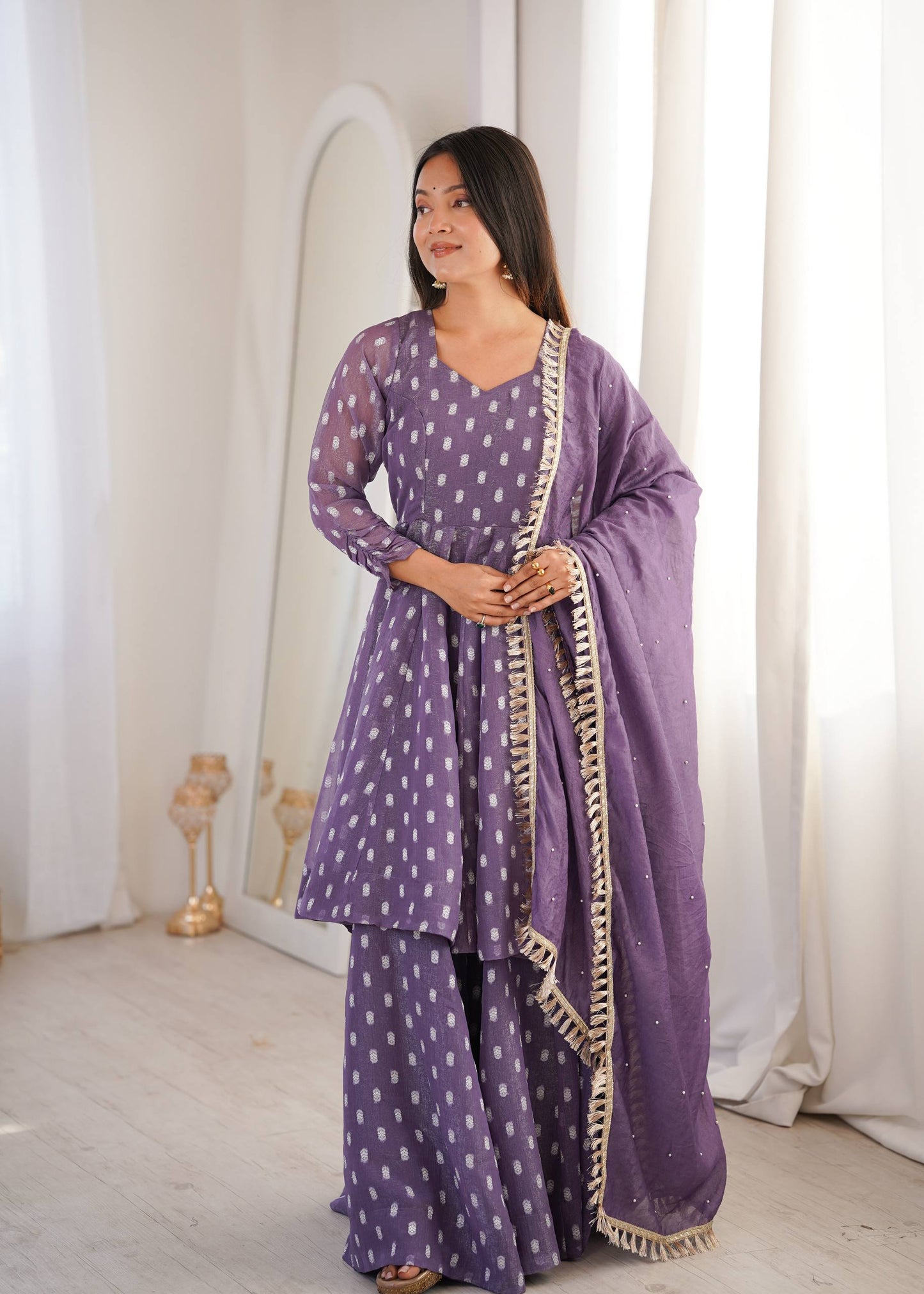 Elegant Purple Color Heavy Crunchy Silk Jacquard Butti Work Sharara Suit
