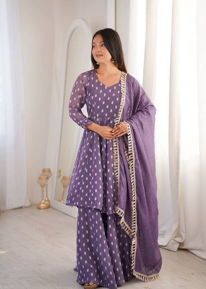 Elegant Purple Color Heavy Crunchy Silk Jacquard Butti Work Sharara Suit