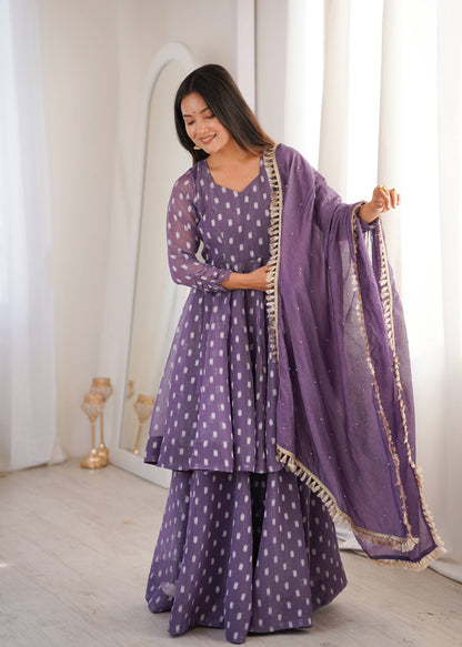 Elegant Purple Color Heavy Crunchy Silk Jacquard Butti Work Sharara Suit