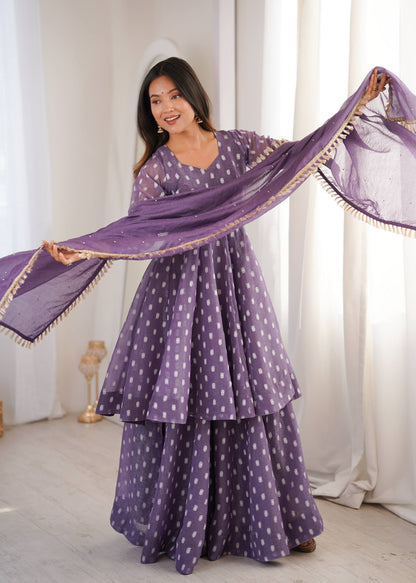 Elegant Purple Color Heavy Crunchy Silk Jacquard Butti Work Sharara Suit