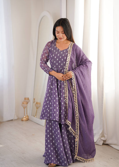 Elegant Purple Color Heavy Crunchy Silk Jacquard Butti Work Sharara Suit