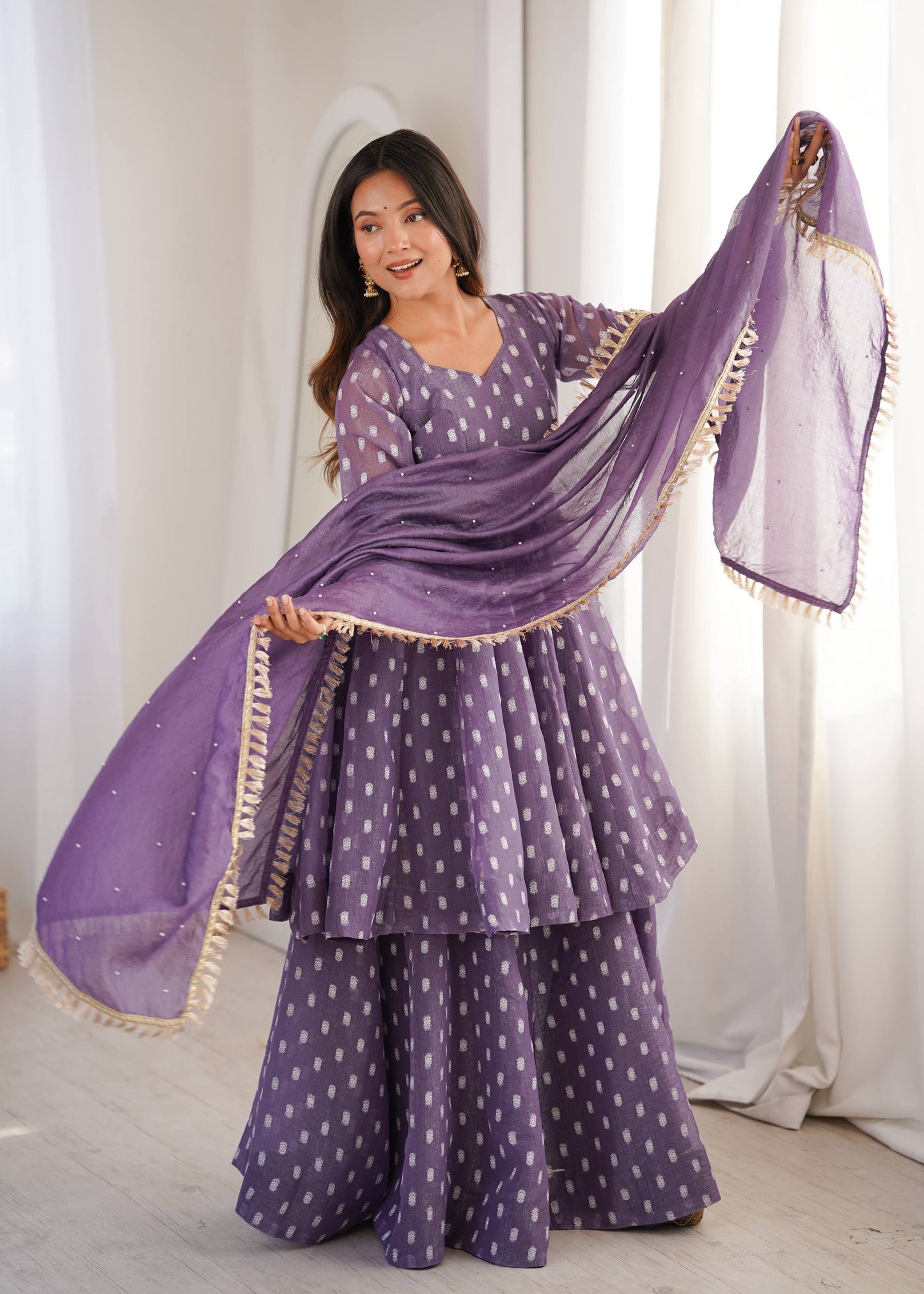 Elegant Purple Color Heavy Crunchy Silk Jacquard Butti Work Sharara Suit