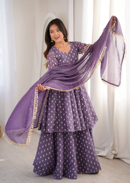 Elegant Purple Color Heavy Crunchy Silk Jacquard Butti Work Sharara Suit