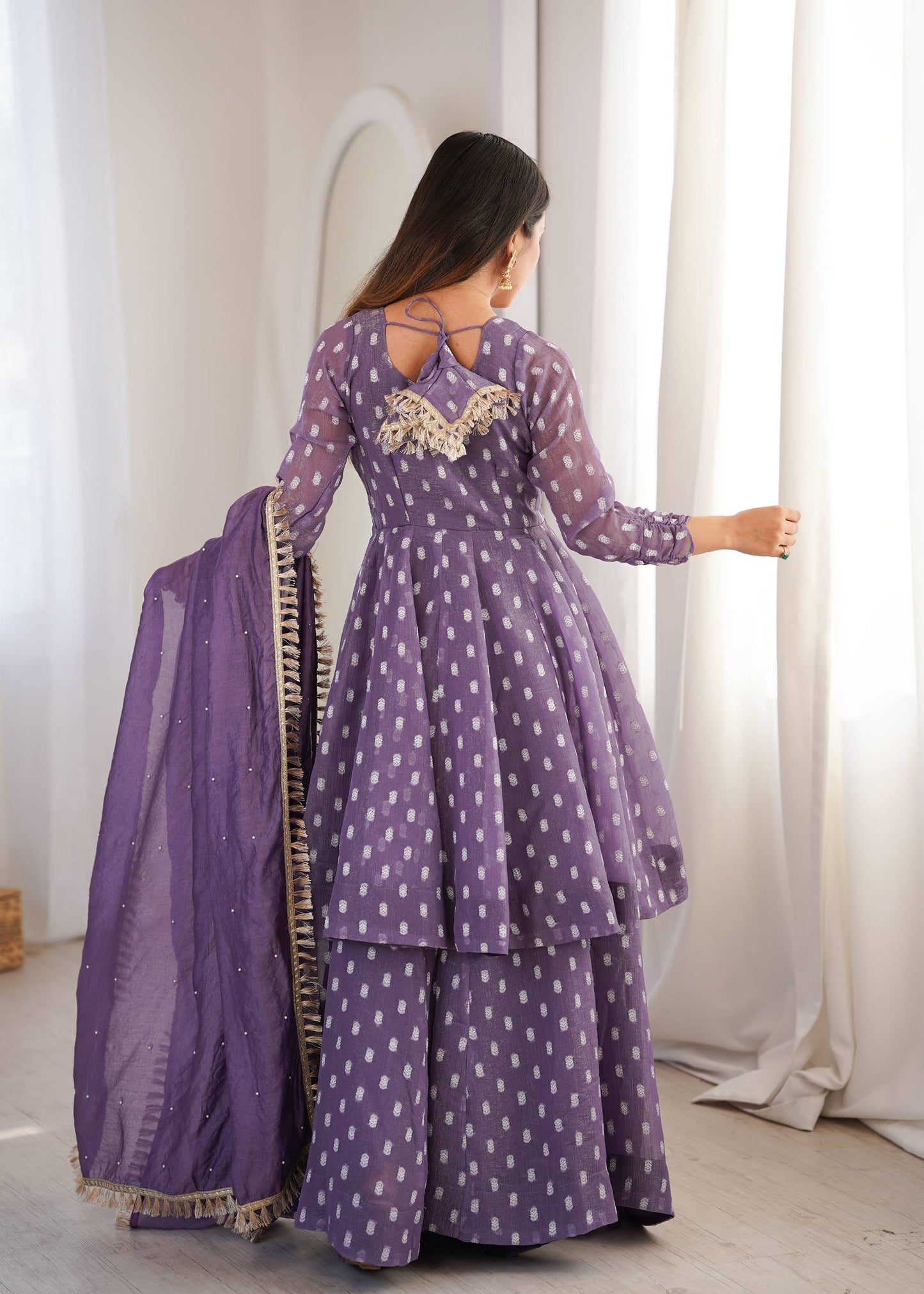 Elegant Purple Color Heavy Crunchy Silk Jacquard Butti Work Sharara Suit