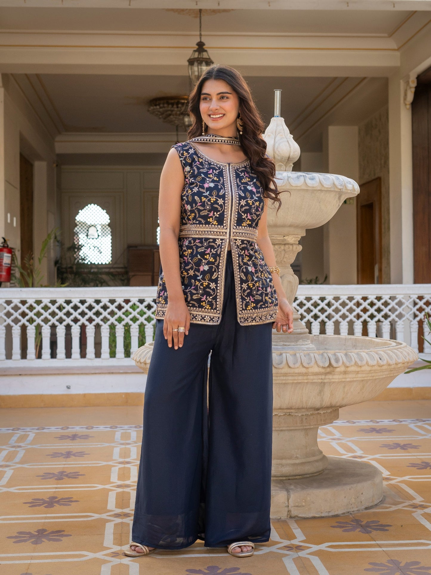 Wonderful Navy Blue Color Star Georgette Embroidered Palazzo Suit