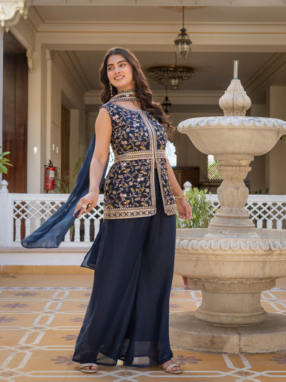 Wonderful Navy Blue Color Star Georgette Embroidered Palazzo Suit