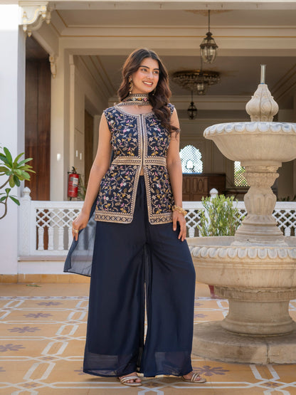 Wonderful Navy Blue Color Star Georgette Embroidered Palazzo Suit