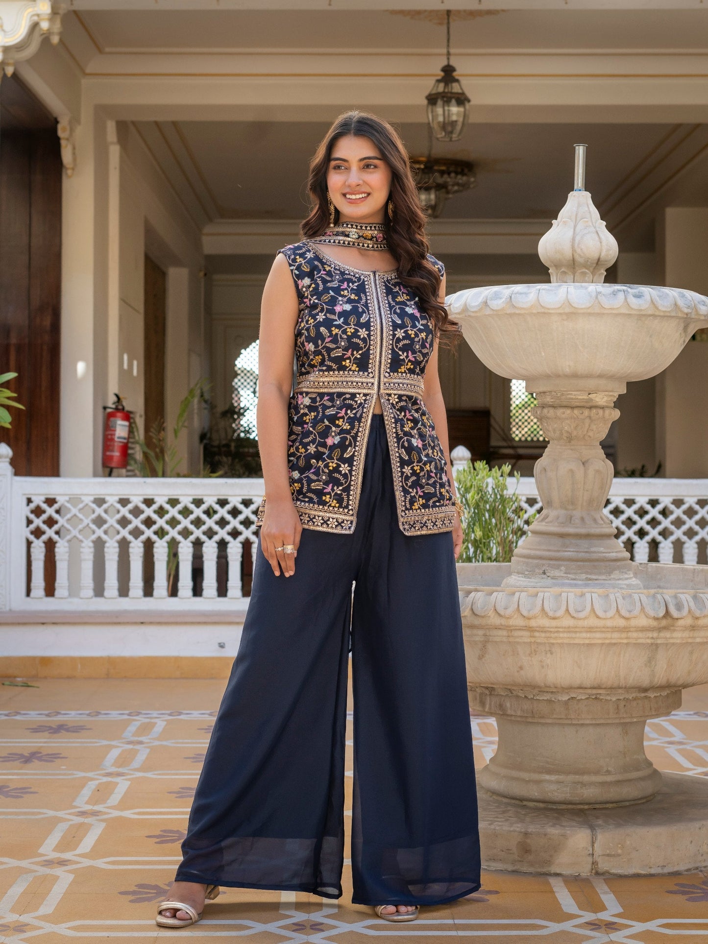Wonderful Navy Blue Color Star Georgette Embroidered Palazzo Suit