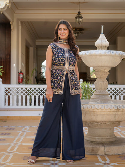 Wonderful Navy Blue Color Star Georgette Embroidered Palazzo Suit