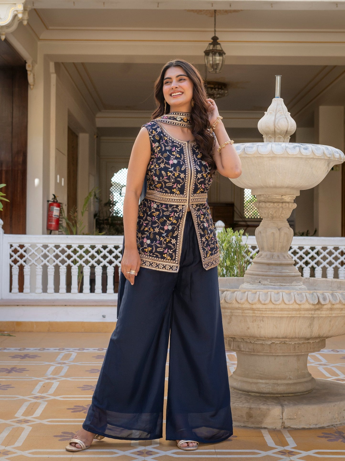 Wonderful Navy Blue Color Star Georgette Embroidered Palazzo Suit
