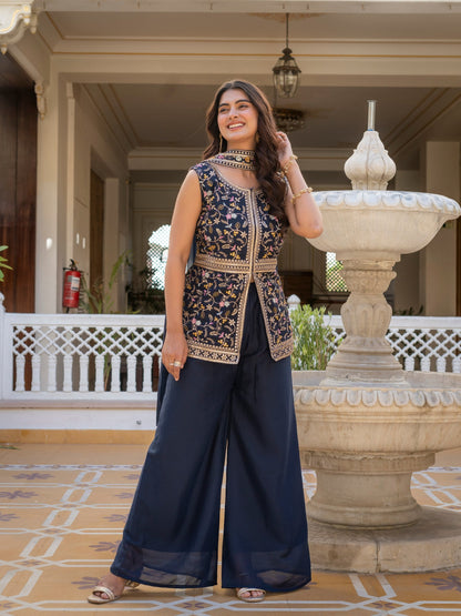 Wonderful Navy Blue Color Star Georgette Embroidered Palazzo Suit